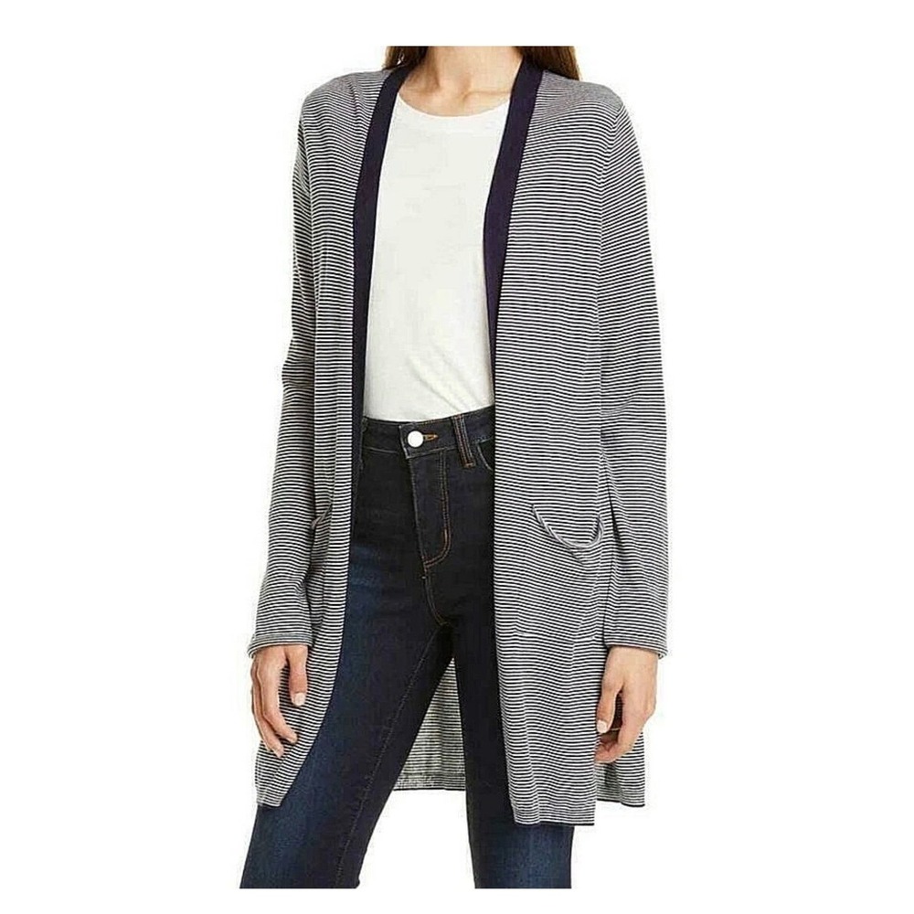 ATM Stripe Open Front Cardigan Sweater Navy‎ Blue Medium NEW Silk Cashmere Wool